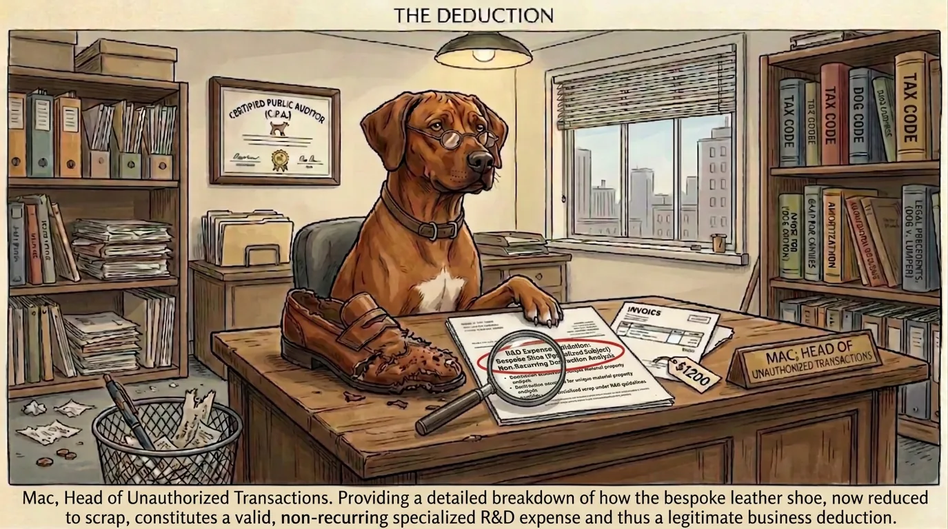 The Deduction — Mac, Head of Unauthorized Transactions, defending a chewed shoe as an R&D expense