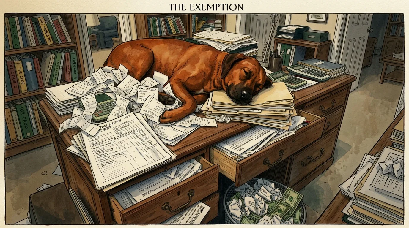 The Exemption — Ronin, Chief Avoidance Officer, asleep amid the bookkeeping chaos