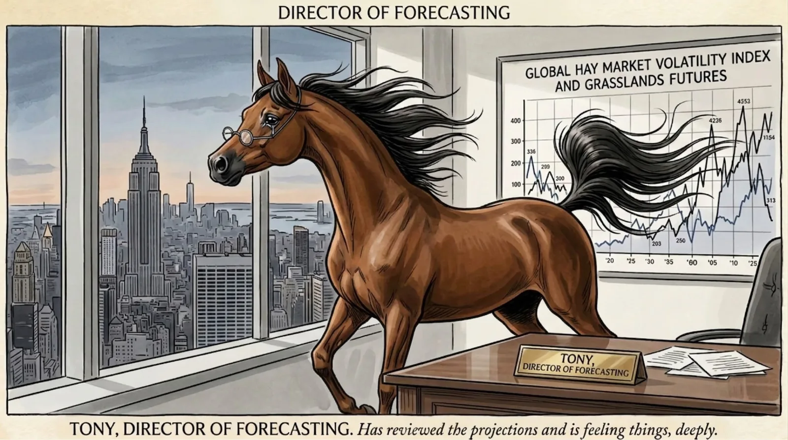 The Forecast — Tony, Director of Forecasting, gazing dramatically at the hay-market chart