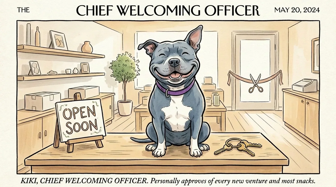 The Grand Opening — Kiki, Chief Welcoming Officer, with keys and an Open Soon sign